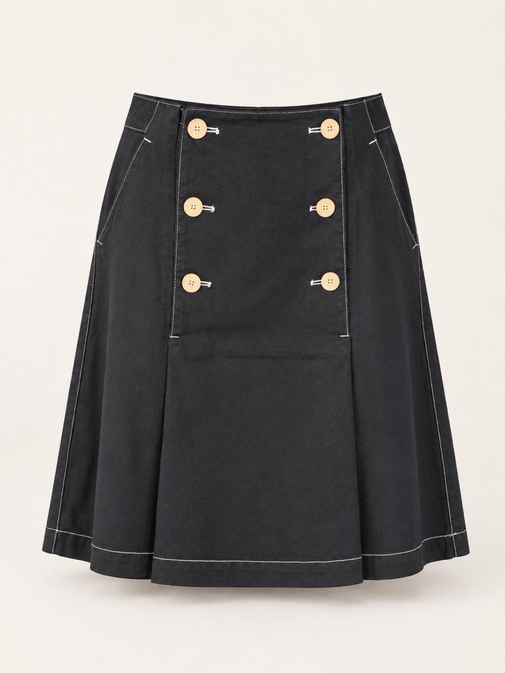 Magaschoni Black A-Line Skirt with Contrast Stitching and Button Detail